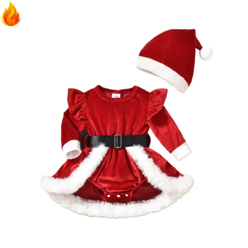 Baby Christmas Velvet Romper Dress Set with Hat | Long Sleeve | 0–3M | Braviixx