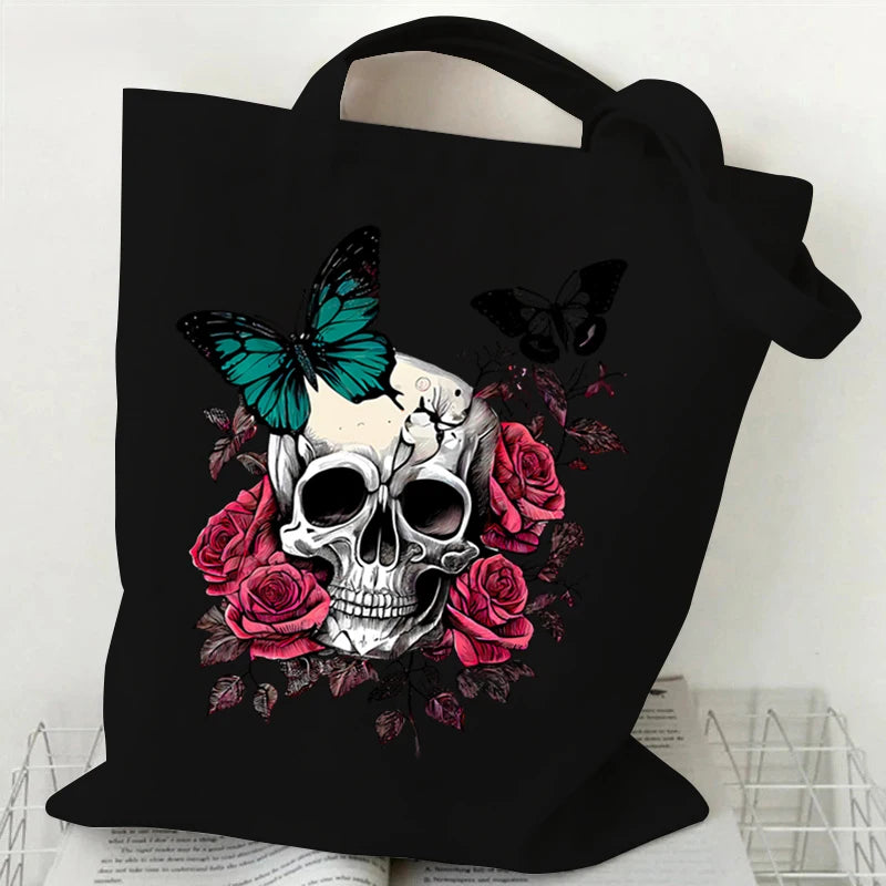 Vintage Skull & Floral Canvas Tote Bag | Butterfly Print Shoulder Bag | Braviixx