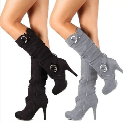 Women's Suede Knee-High Stiletto Boots | Buckle Straps | Platform | Gray · Brown · Black | EU 34–43