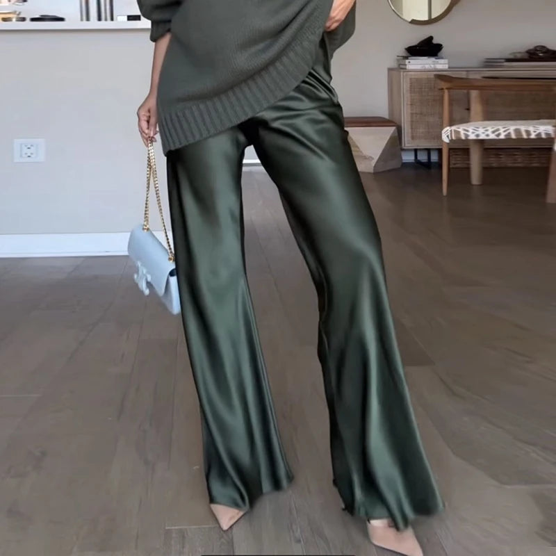 Satin Silk Wide Leg Pants for Women High Waist Baggy Pants Y2K Elegant Lady Party Long Trousers Female Buttoms