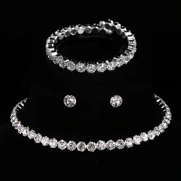 Women's Silver-Tone Jewellery Set | Round Sparkle Necklace, Bracelet & Stud Earrings | Braviixx