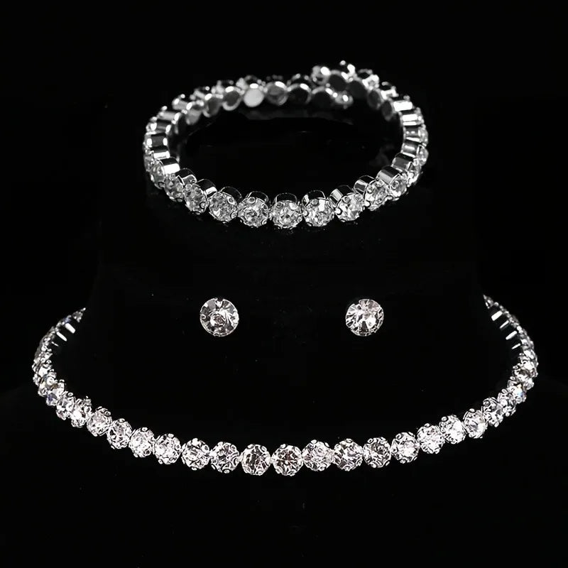 Women's Silver-Tone Jewellery Set | Round Sparkle Necklace, Bracelet & Stud Earrings | Braviixx