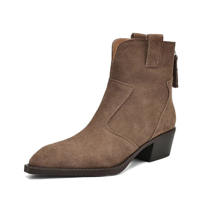 Women's Natural Suede Western Ankle Boots | Pointed Toe | Block Heel | Back Zip | Black · Brown · Khaki | EU 34–41