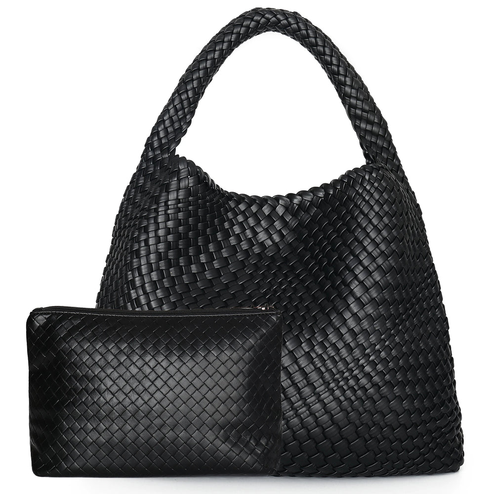 Women's Hand-Woven PU Leather Hobo Tote Bag | Intrecciato Basket Weave | Braided Handle | Matching Woven Clutch Included | 9 Colours