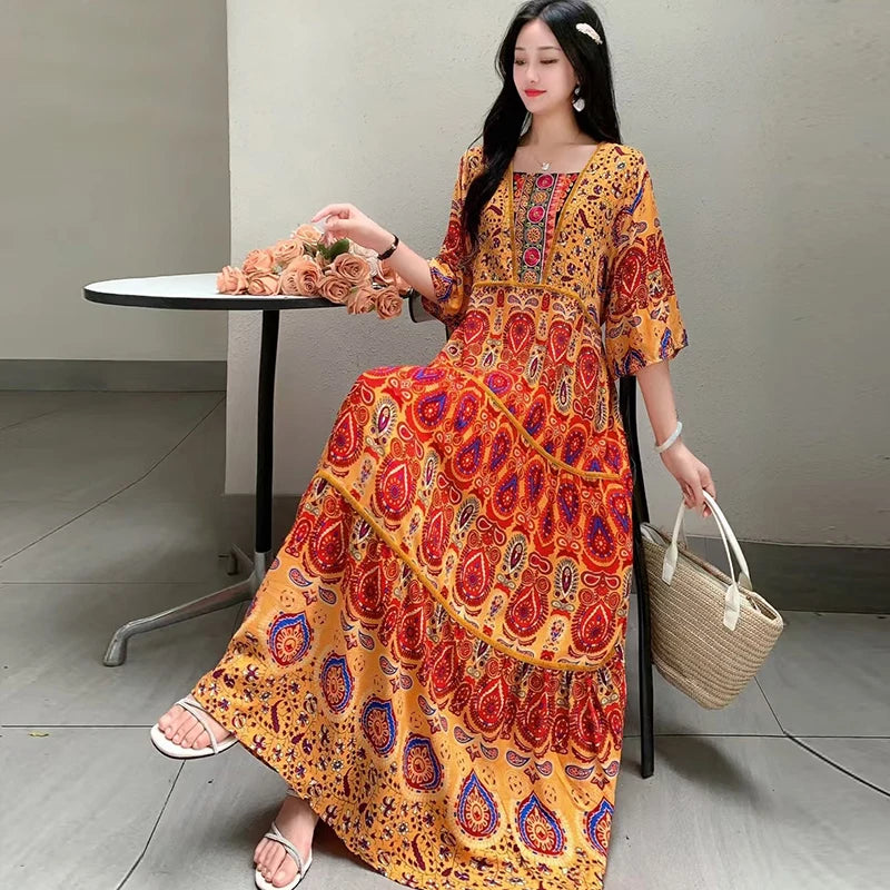 Boho Print Maxi Dress | Square Neck & Tiered Skirt | Braviixx