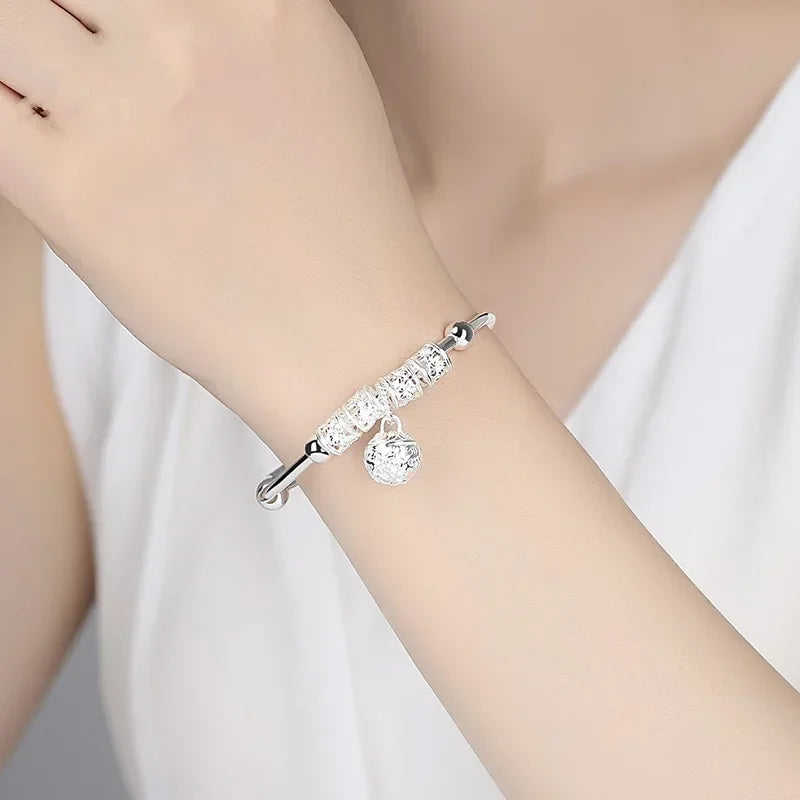 Women's Silver-Tone Charm Bangle | Floral Beads & Round Hanging Charm | Braviixx