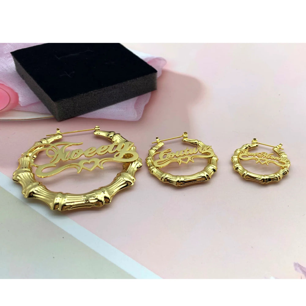 30 -100MM Customize Name Earrings Bamboo Personalized Earrings Custom Name/Logo/Statement Hoops with Heart Under Best Gift Gold