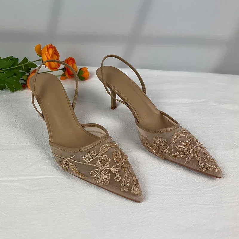 2025 New Women Sandals Brand Designer Ladies Flower Mesh Open Heel Sandals Shoes Sexy High Heel Pointed Toe Stiletto Pumps Mules