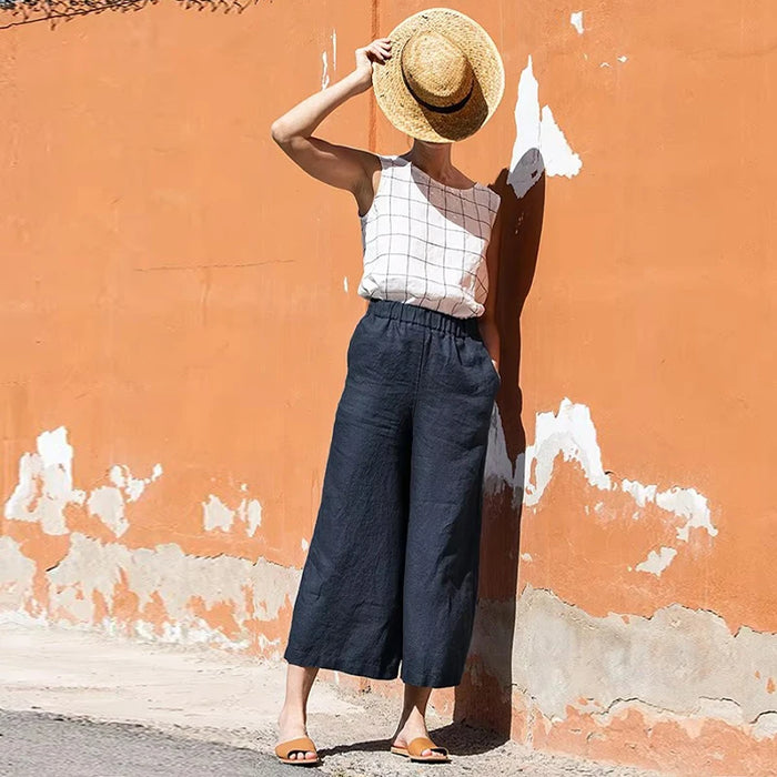 Women's 100% Linen Wide-Legged Pants Casual Loose Fit Summer 2026 Elastic Waist Harajuku Retro Linen Trousers Female Clothing
