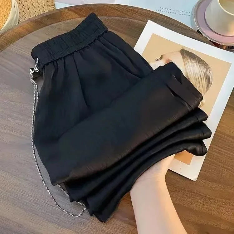 2026Women's Vintage Satin Long Pants Chinese Style Solid High Waist Wide Leg Pants Loose Casual Versatile Streetwear Women Pants