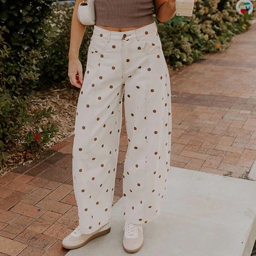 Fashion Women Barrel Jeans Dot Print Loose Denim Pants Spring Casual Baggy Trousers Fashion Wide-Leg Pants