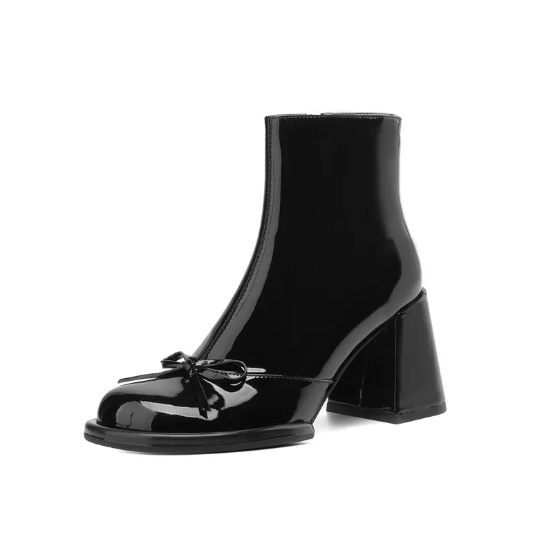 Women's Glossy Bow Ankle Boots | Chunky Heel | Braviixx