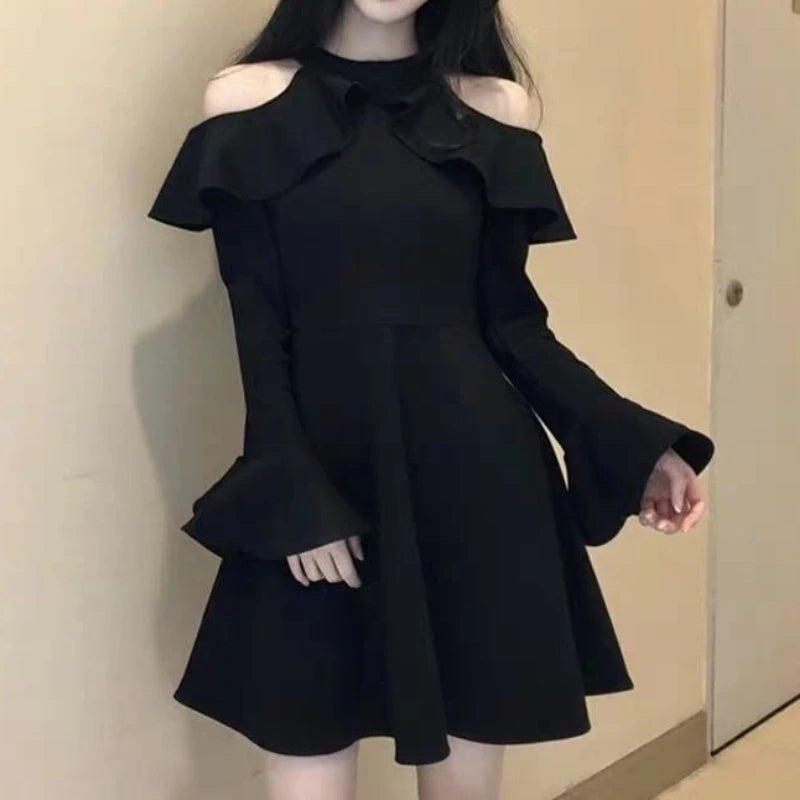 Off-the-shoulder Dress 2026 Women's Long-sleeved Thin Small Black Skirt