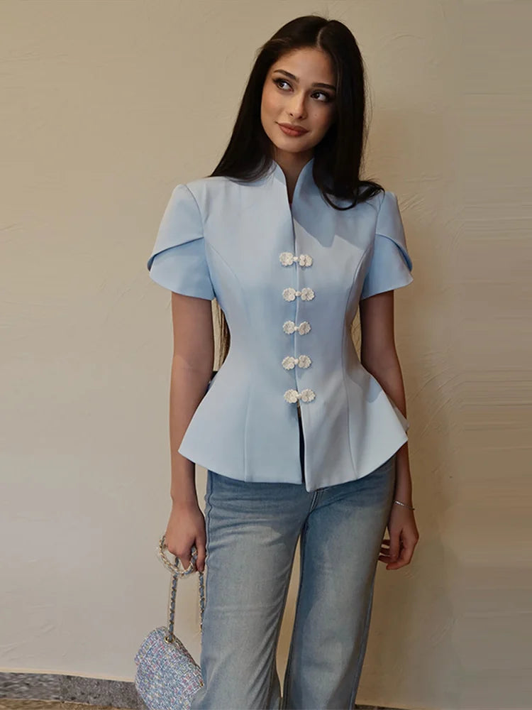 Women's Short Puff Sleeve Jackets Stand Collar Single Breasted Waist Cinching Blouse 2026 Spring Summer New Woman Streetwears