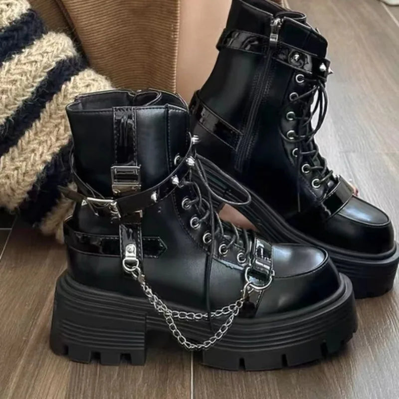 Women's Gothic Platform Ankle Boots – Punk Rivet Lace-Up Motorcycle Boots