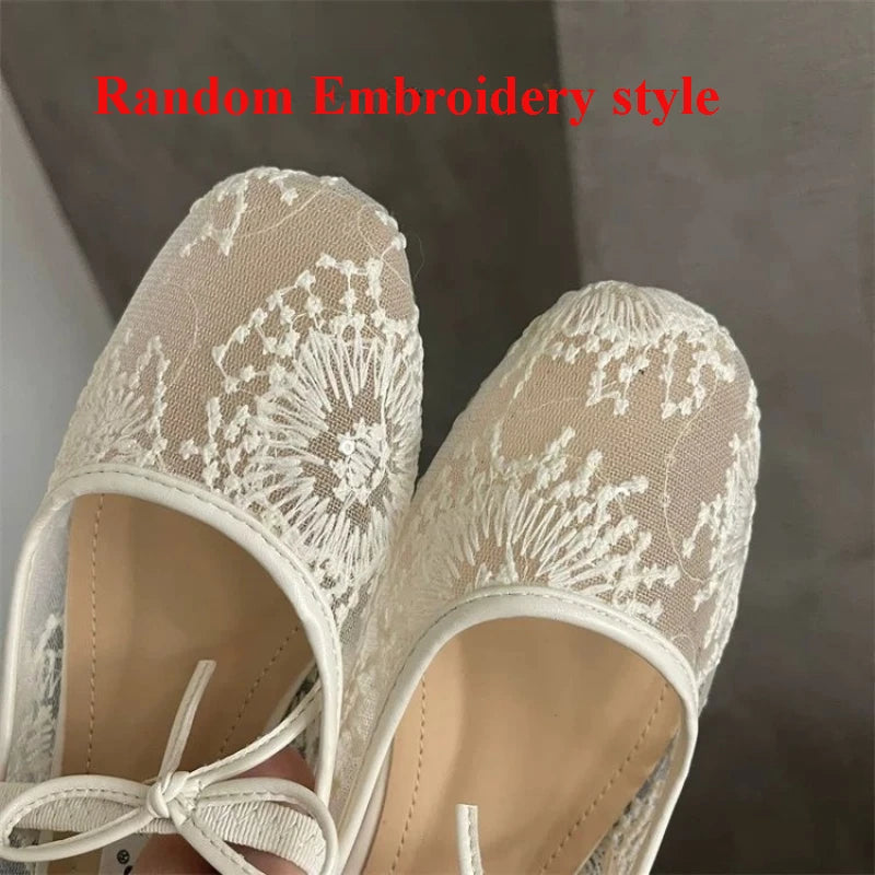 2026 Women Spring Summer Ballet Flat Shoes Breathable Mesh Embroidery Fashion Flats Lovely Bow Knot Female Daily Walking Sandals