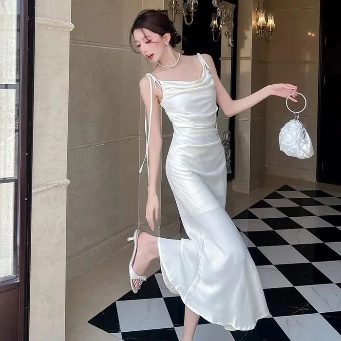 Women French Satin Slip Dress Draped Neck Glitter Slim Mermaid Maxi Dress Summer Party Evening