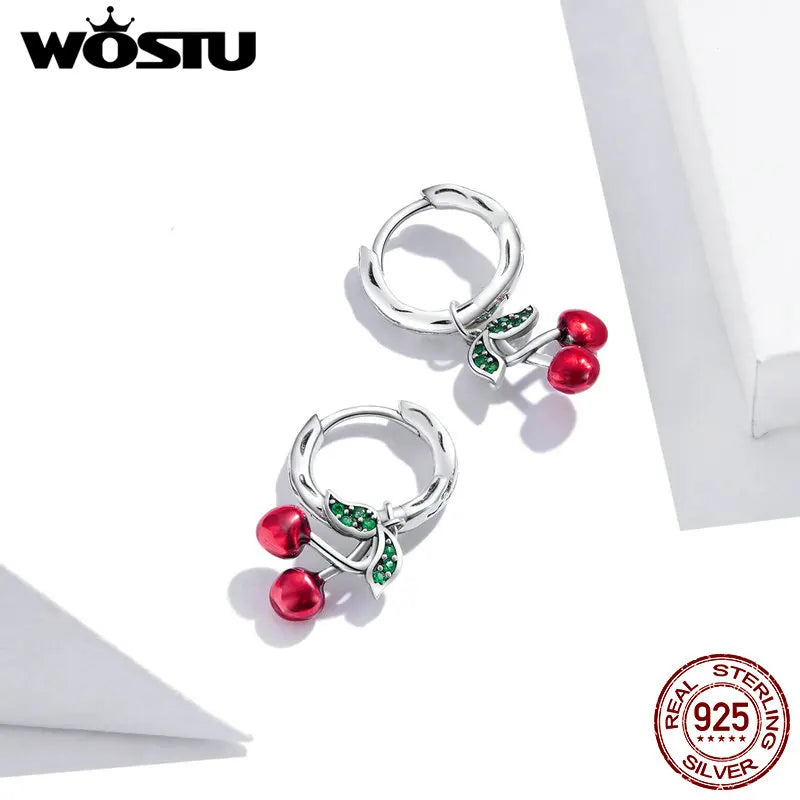 WOSTU 925 Sterling Silver Red Cherry  Drop Dangle Earrings For Women , Wedding Hoops Earrings Women Fine Jewelry GIft