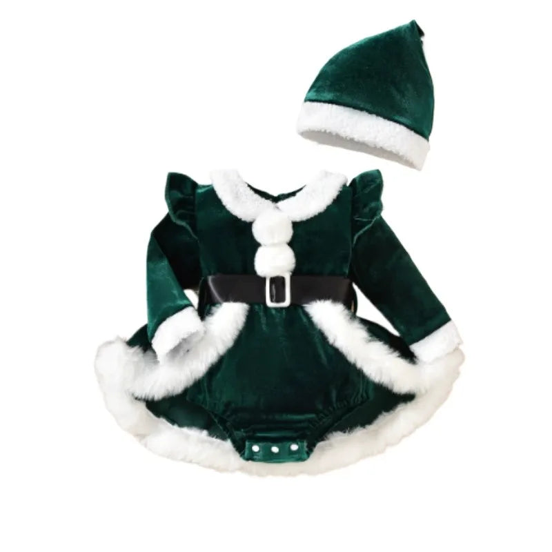 Baby Christmas Velvet Romper Dress Set with Hat | Long Sleeve | 0–3M | Braviixx