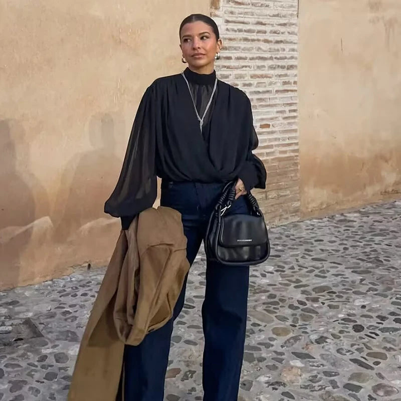 Women's 2026 New Perspective Shirts Tops Fashion Loose Long-Sleeved Elegant Spring Blouses Chic Youth Street Travel Blouses Tops