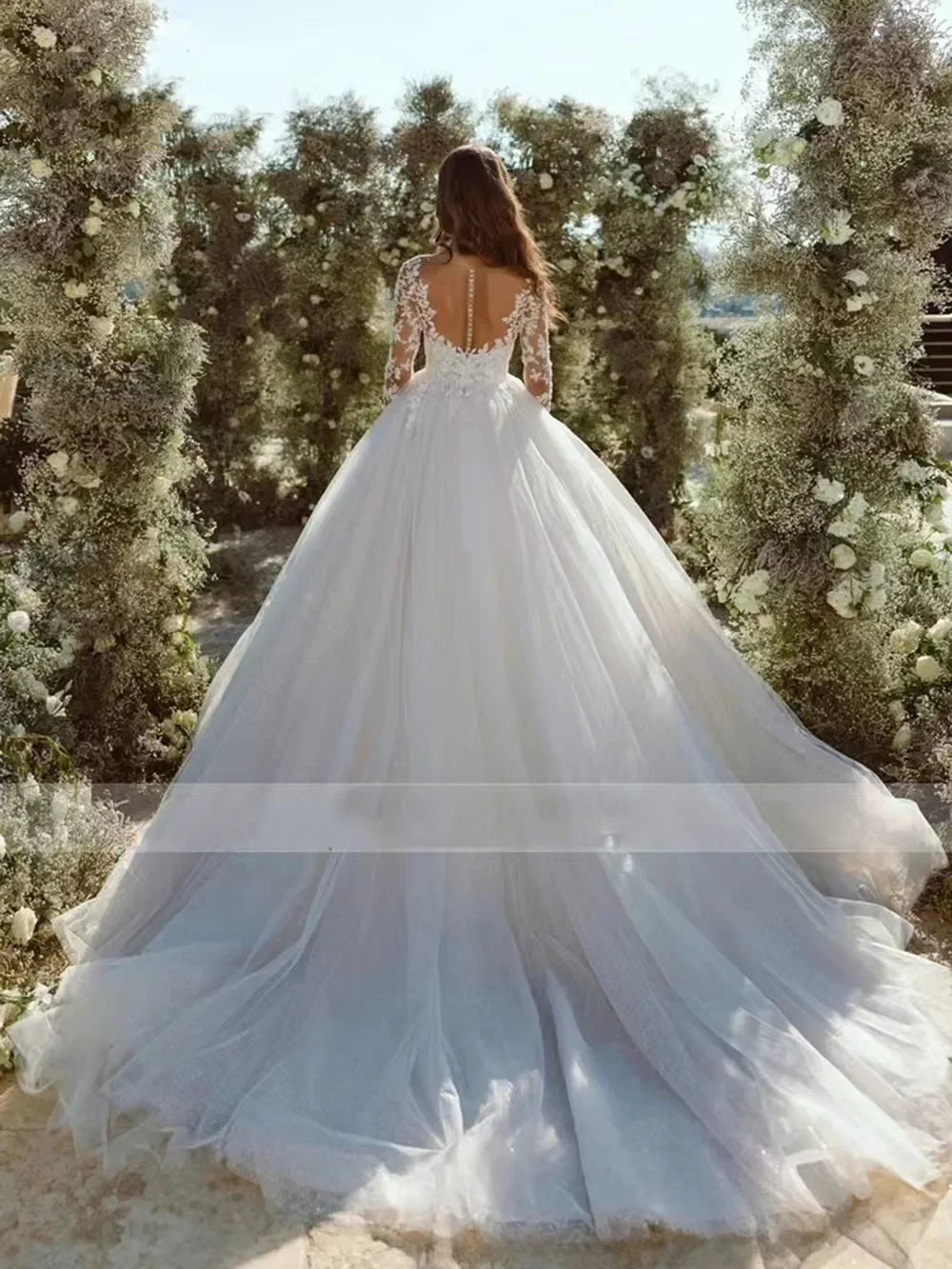 Glitter Tulle Wedding Dress | Floral Illusion Sleeves | Braviixx