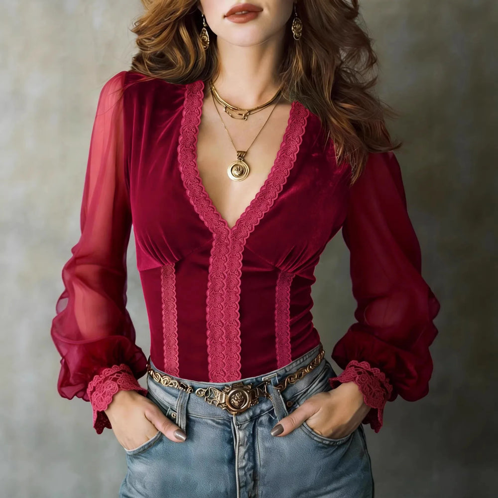 Velvet Blouse for Women Sexy Deep V Neck Summer Sheer Mesh Long Sleeves Blouse Elegant Chic Pullovers Mujer Tops 2026