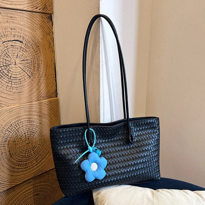 Women's Woven-Look Tote Bag | Flower Pendant & Shoulder Handles | Braviixx