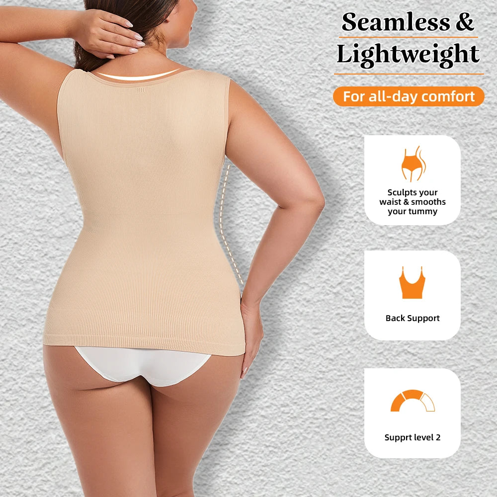 Womens Tummy Control Shapewear Tank Top with V Neck Seam-free Body Shaper Slimming Compression Tank Top
