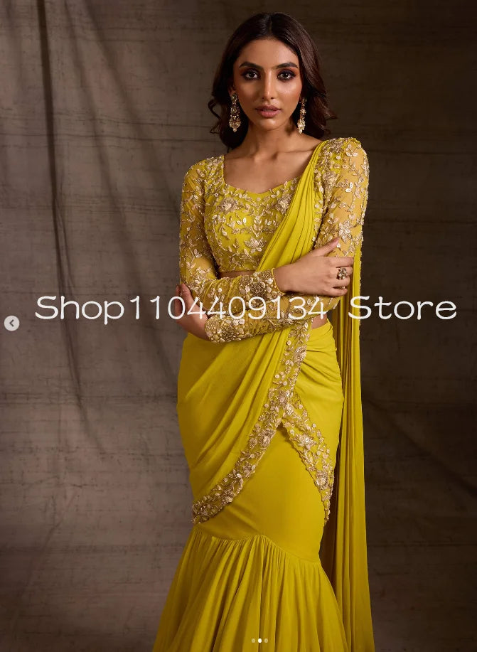 Embroidered Mermaid Saree Set | Long Sleeves | Braviixx