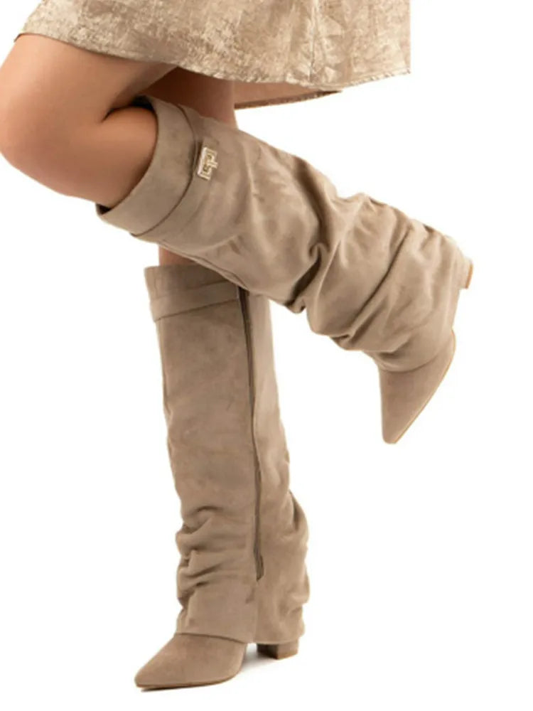 2025Autumn and Winter New Pointed Metal Buckle Knee High Women's Boots, Thick High-heeled Pants Boots, Fashionable Mid Leg Boots