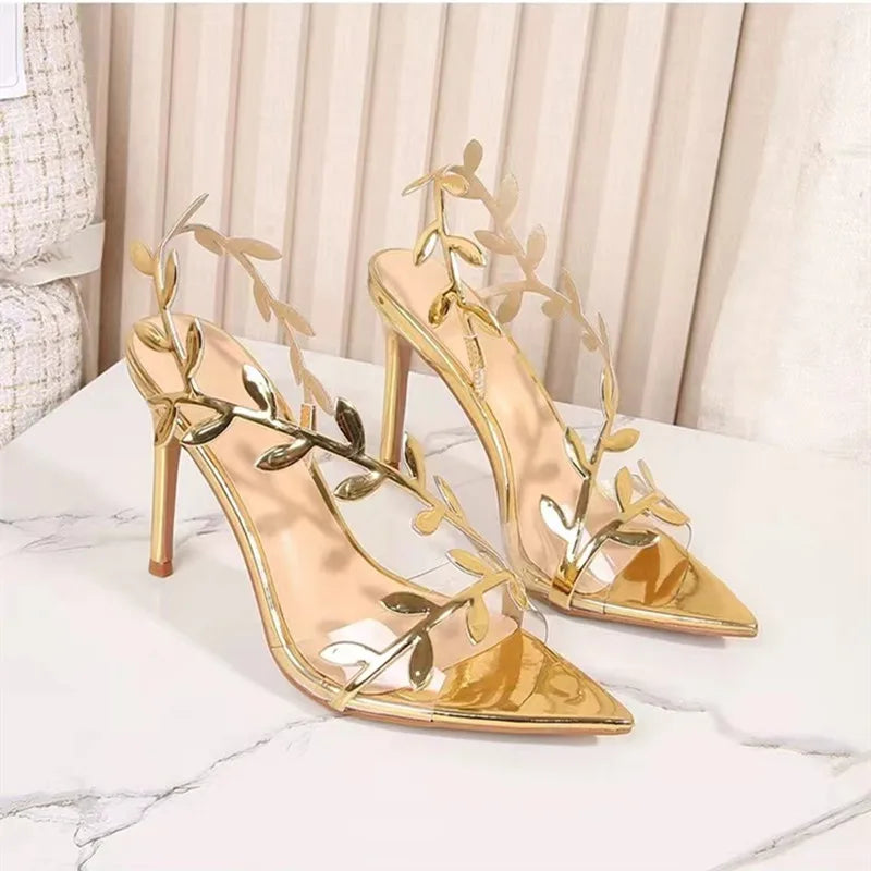Gold Leaf-Detail Sandals | Open-Toe Stiletto Heels | Braviixx