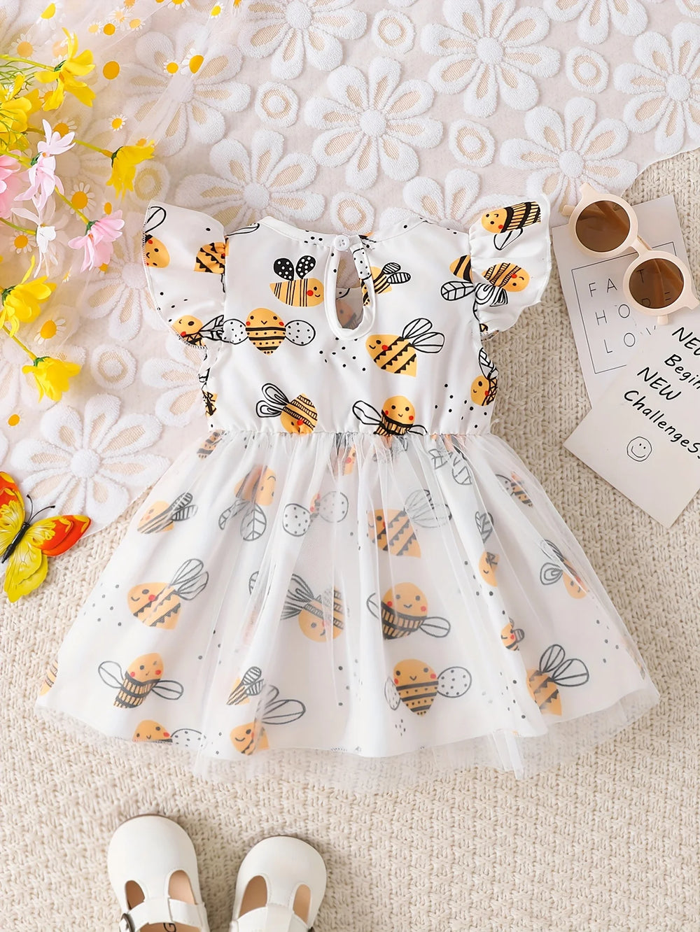Baby Girls' Bee Print Tulle Dress | Puff-Sleeve Cartoon Dress | 1–18M | Braviixx