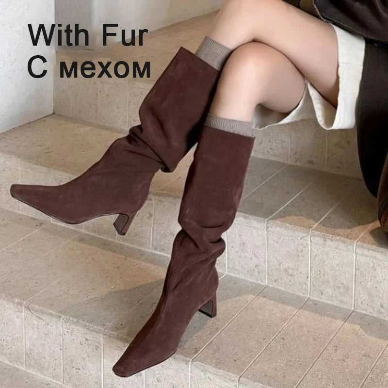 Women's Suede Stretch Knee-High Boots | Block Heel | With & Without Fur | EU 34–43