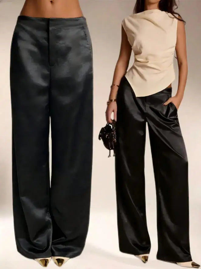 2026 Summer New Women Satin Wide Leg Pants Europe America Fashion High Waist Elegant Office Casual Trousers Y2k Streetwear Women