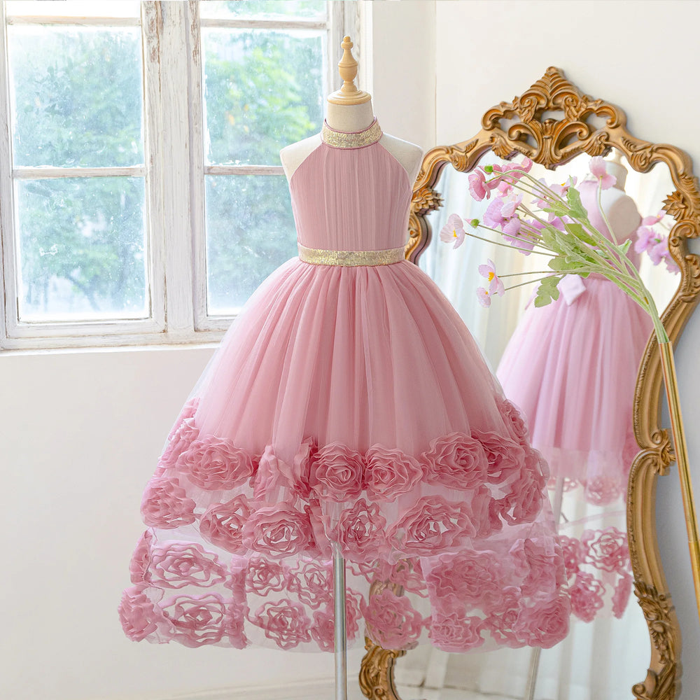 Girls Appliqué Tulle Ball Gown | Sleeveless Princess Party Dress for Wedding, Birthday & Prom