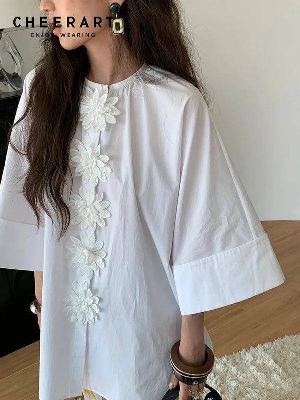 3D Floral Appliqué Oversized Cotton Shirt | Women's Half Sleeve Blouse
