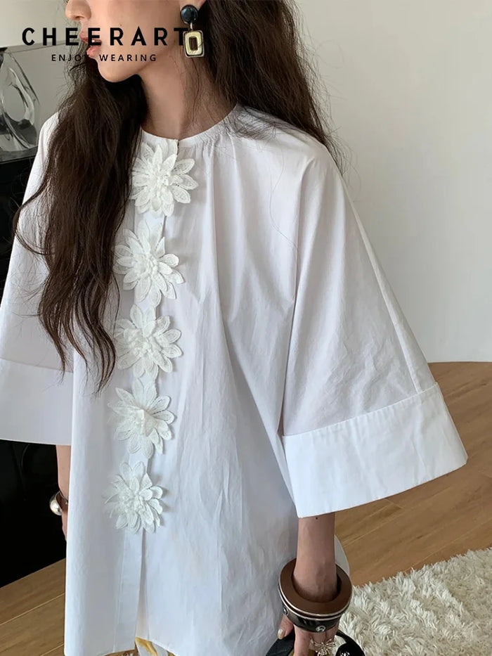 CHEERART Designer Cotton White Oversized Shirt For Woman Applique Half Sleeve Button Up Shirts Blouse 2026 Fashion Clothes