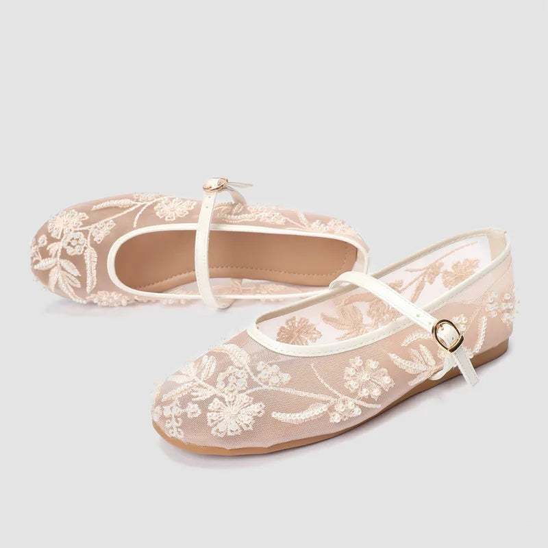 White Pearl Mesh Embroidery Ballet Flats Women Elegant String Bead Flat Sandals Light Summer Mary Jane Shoes Zapatos De Mujer