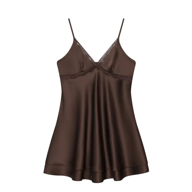 Ladies Silky Satin Slip Dress, Sexy V-Neck Lace Trim Spaghetti Strap Mini Dress, Lightweight for Summer Casual Outings