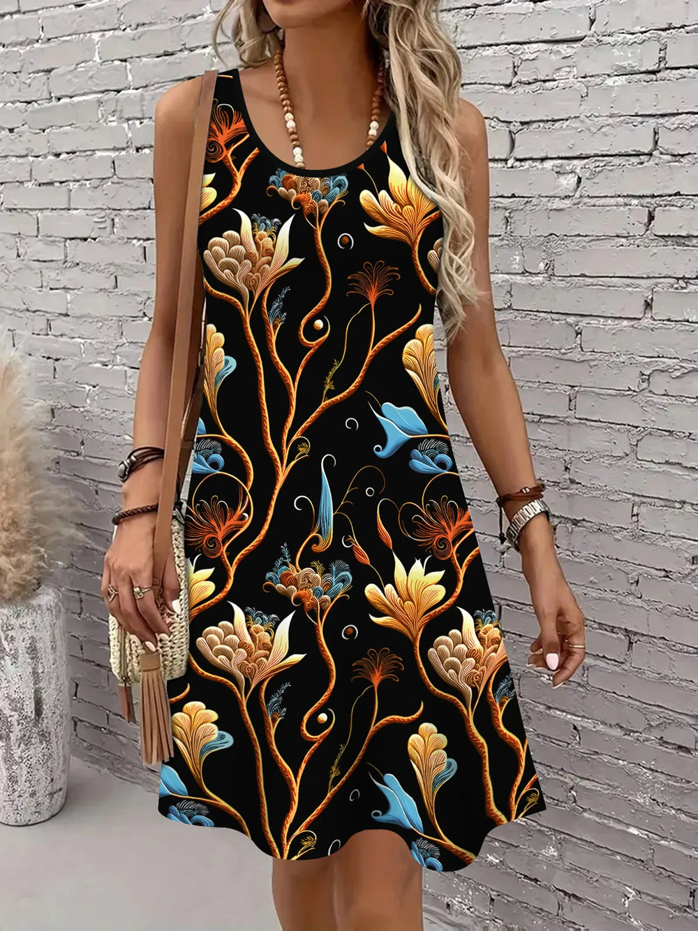 Women's Floral Sleeveless A-Line Dress | Scoop Neck | Braviixx