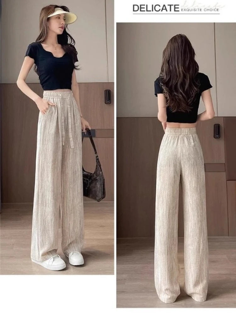 Women's High Waist Wide Leg Pants 2026 Summer Ice Silk Linen Loose Fit Flowy Straight Leg Casual Trousers Women Pants Sweatpants