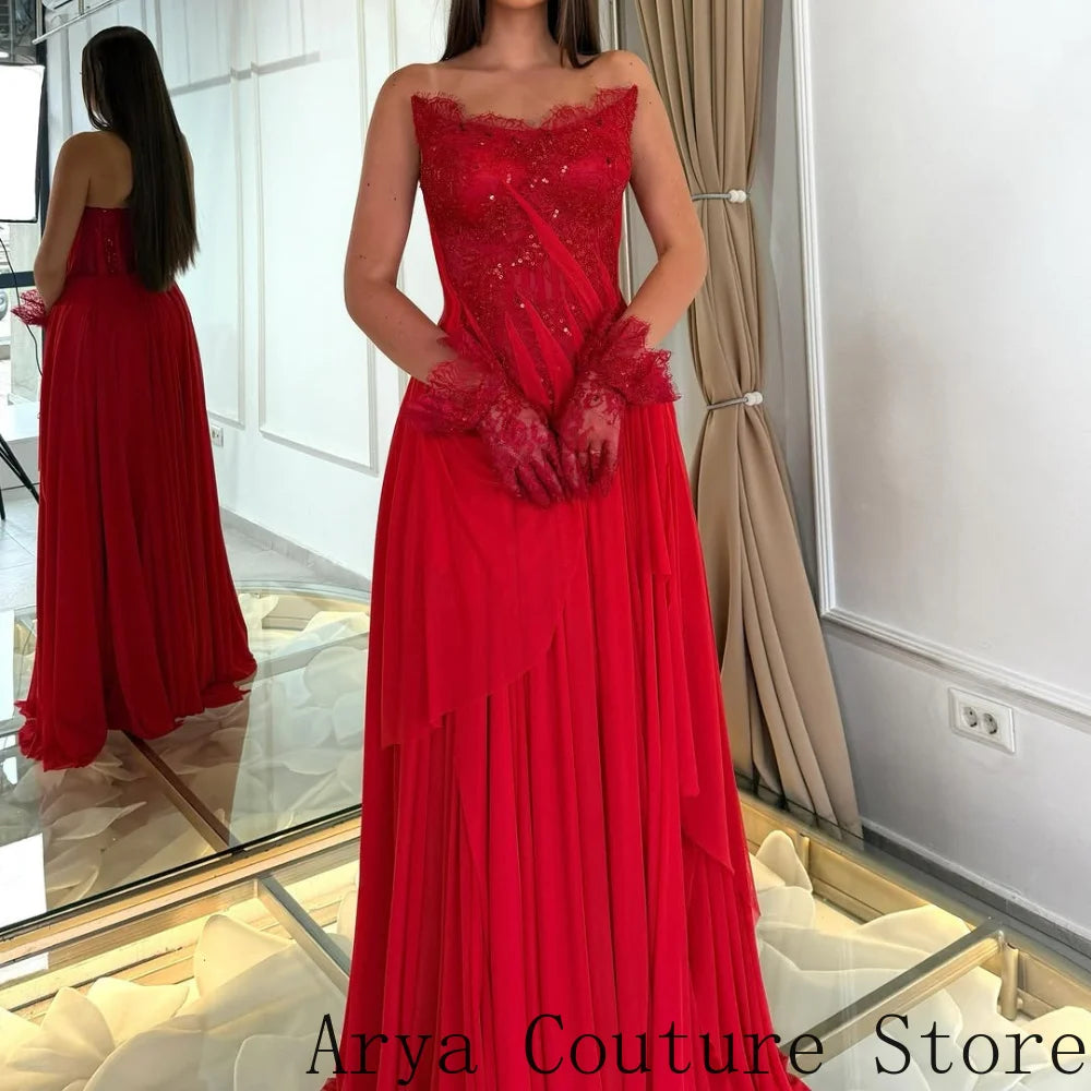 Red Wedding Guest Formal Dress Strapless Scalloped Lace Neckline Sparkly Sequin Embellished Bodice Cascading Draped Chiffon