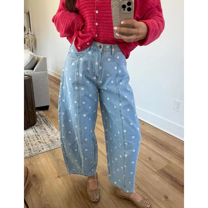 Fashion Women Barrel Jeans Dot Print Loose Denim Pants Spring Casual Baggy Trousers Fashion Wide-Leg Pants