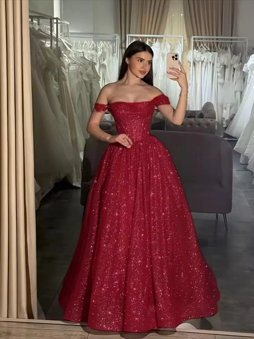 Off-Shoulder Glitter Tulle A-Line Gown | Formal Prom & Wedding Party Evening Dress