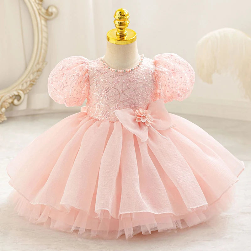 Baby Girls Floral Beaded Puff-Sleeve Dress | Pageant Party Gown | 3–6M to 4Y | Braviixx
