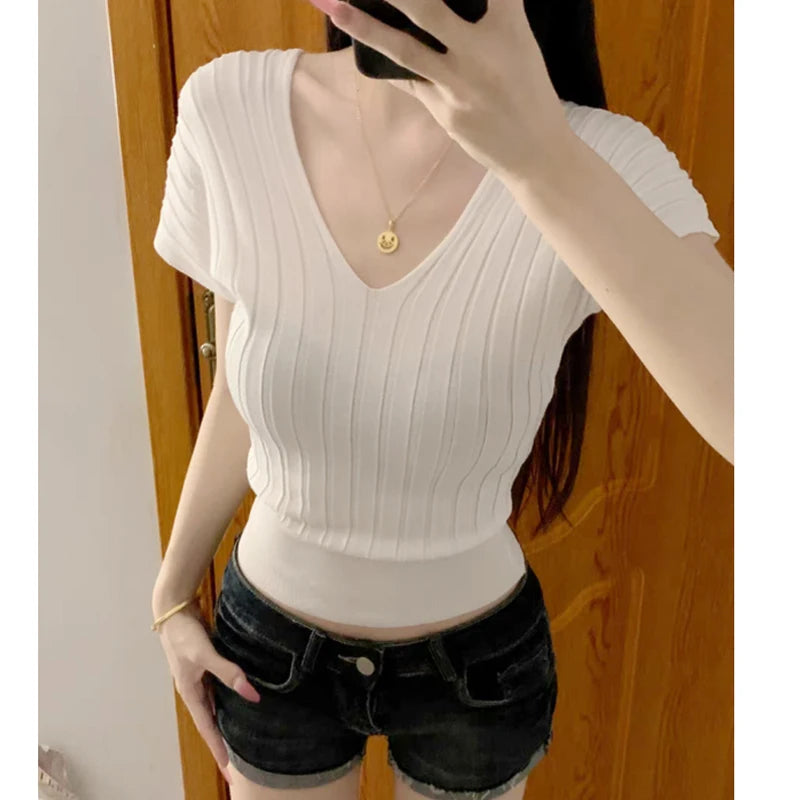 V-neck Short Sleeve Knitted Pullover Shirt 2026 Fashion New Slim Fit Solid Color Basic Tops Elegant Summer Blouse Casual Blusas