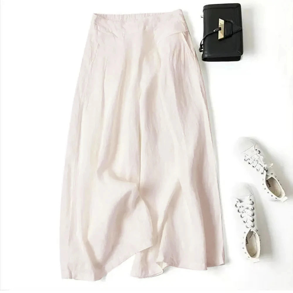 2026 Summer Women's Culottes Cotton Linen Cropped Wide Leg Pants Elastic Waist Casual Palazzo Clean Fit Trousers with Pockets