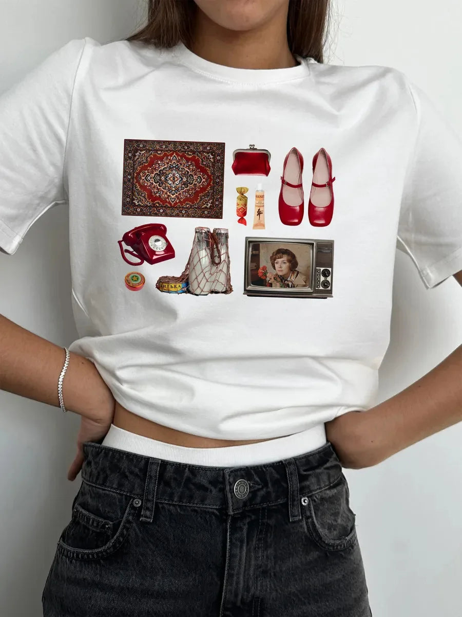 Women's New 2026 Summer Casual T-Shirts Minimalist Fun Design Niche Loose Versatile 100% Cotton Printed Short-Sleeve Trendy Tee