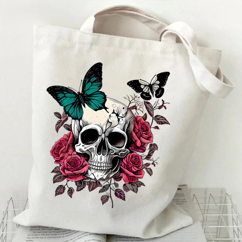 Vintage Skull & Floral Canvas Tote Bag | Butterfly Print Shoulder Bag | Braviixx