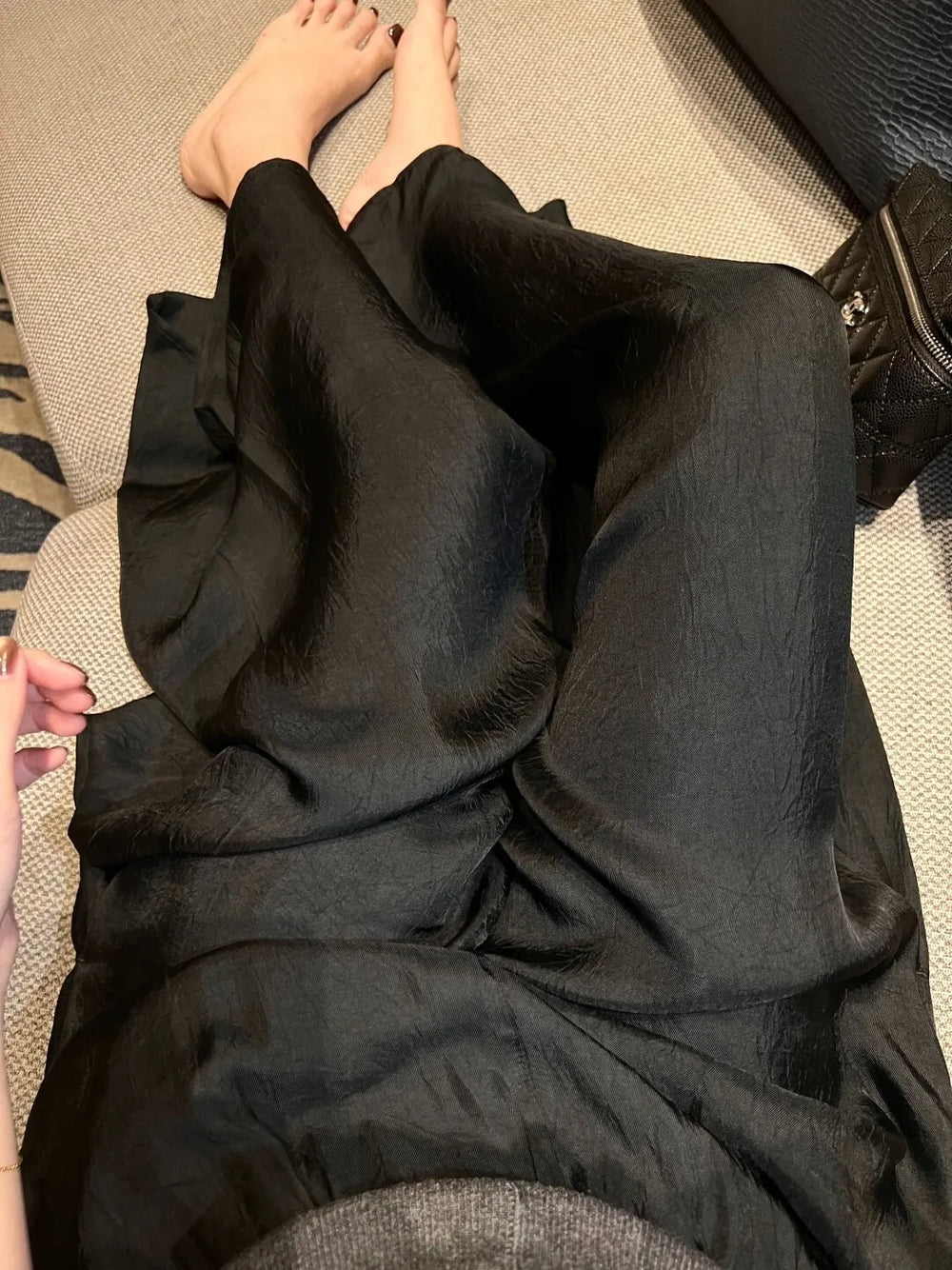 Women Satin Wide Leg Pants Drawstring Waist Ice Silk Drapey Loose Straight Floor Length Casual Trousers